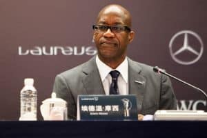 Former American track and field athlete Edwin Moses, Chairman of the Laureus World Sports Academy, is pictured during a press conference for the 2015 Laureus World Sports Awards at the China Art Museum in Shanghai, China, 9 June 2014.